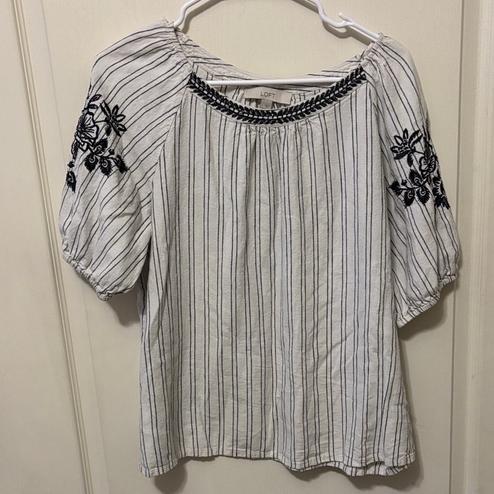 LOFT Black and White Embroidered Blouse